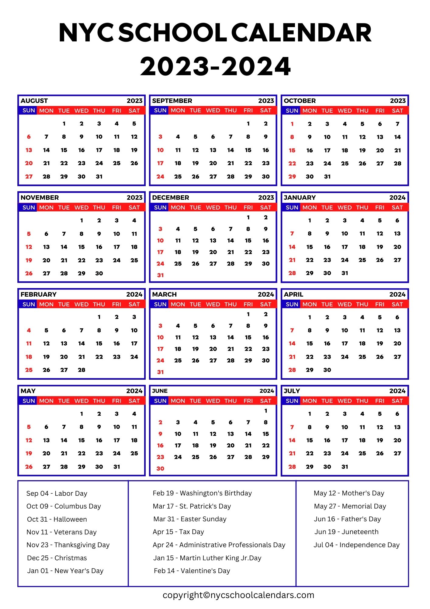 NYC School Calendar 2023 ✓❤️