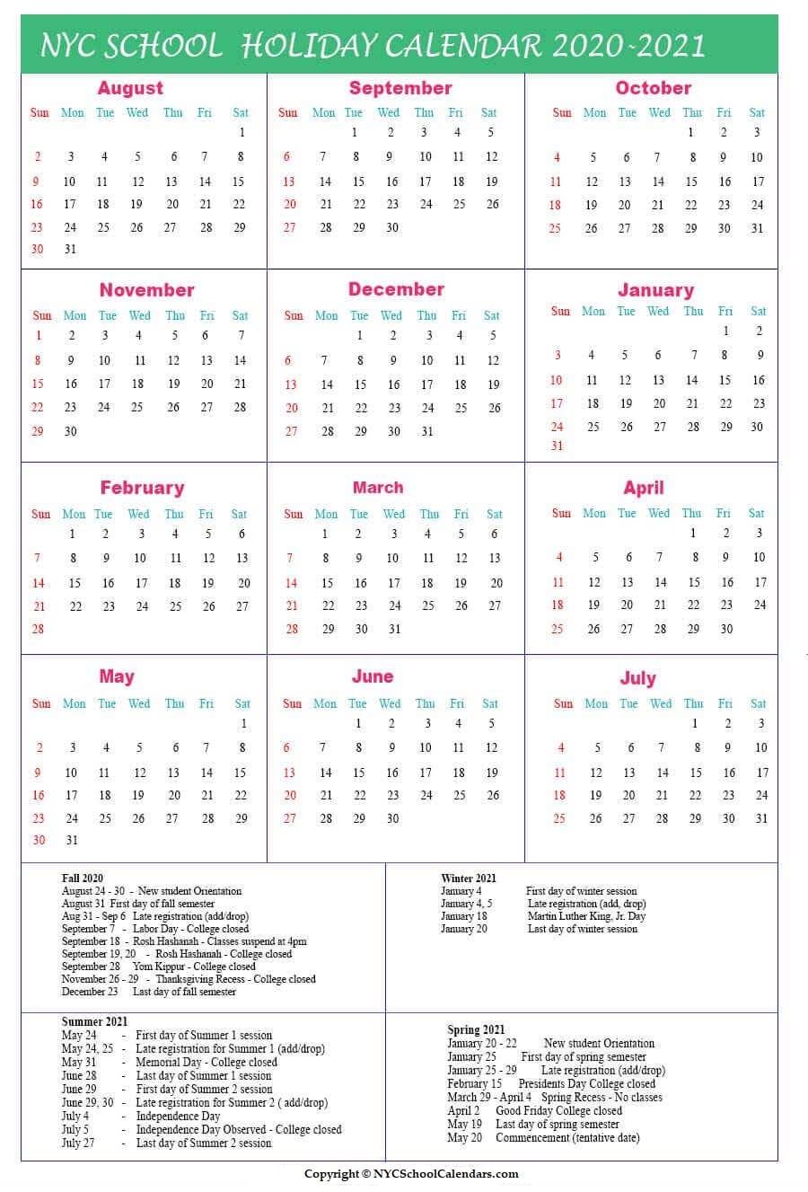 Nyc school holidays Calendar 2020