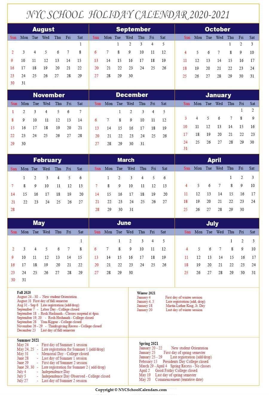 Nyc school Calendar 2020
