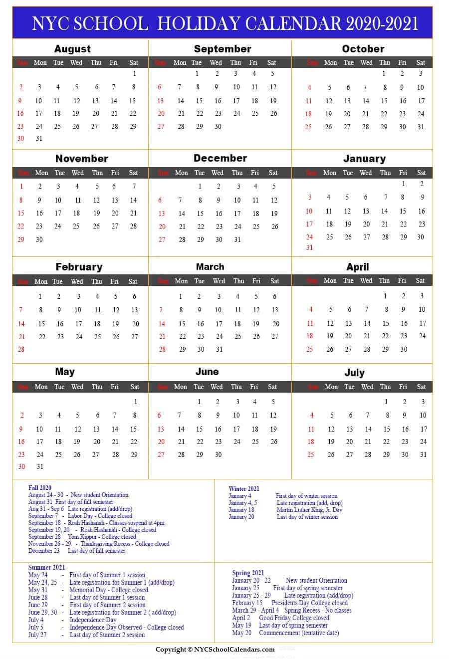 NYC School Holidays 2020 Calendar